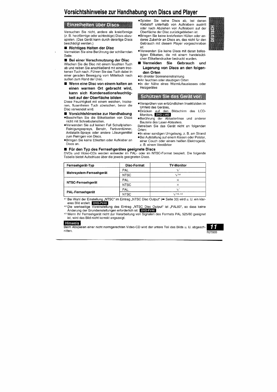 Schützen sie das gerät vor | Panasonic DVDPV40 User Manual | Page 11 / 86