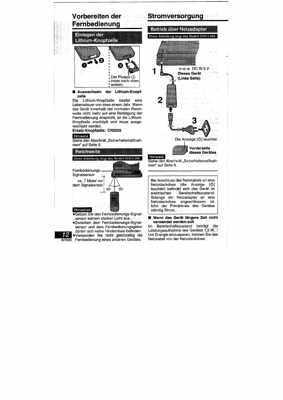 Vorbereiten der fernbedienung, Strom versorg u ng, Stromversorgung | Vorbereiten der fernbedienung strom versorg u ng | Panasonic DVDPV40 User Manual | Page 12 / 86