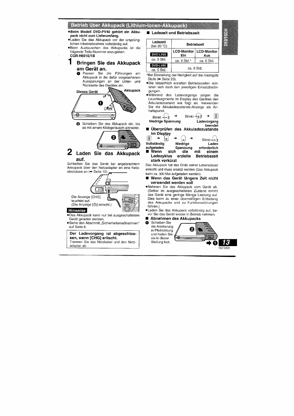 Betrieb über akkupack (lithium-ionen-akkupack), Bringen sie das akkupack am gerät an, Laden sie das akkupack auf | Panasonic DVDPV40 User Manual | Page 13 / 86