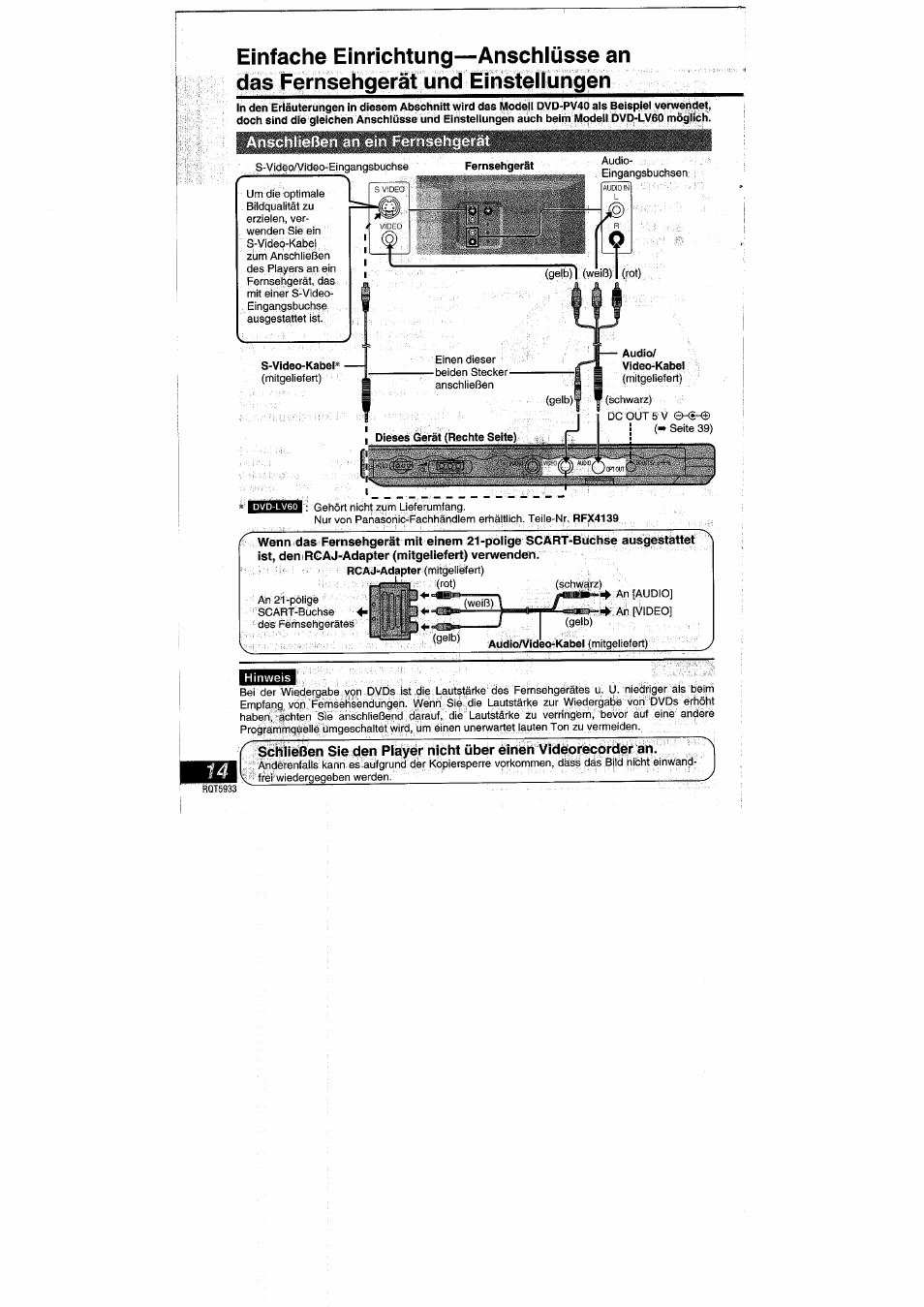 Anschlüsse an das fernsehgerät und einstellungen, Anschließen an ein fernsehgerät | Panasonic DVDPV40 User Manual | Page 14 / 86