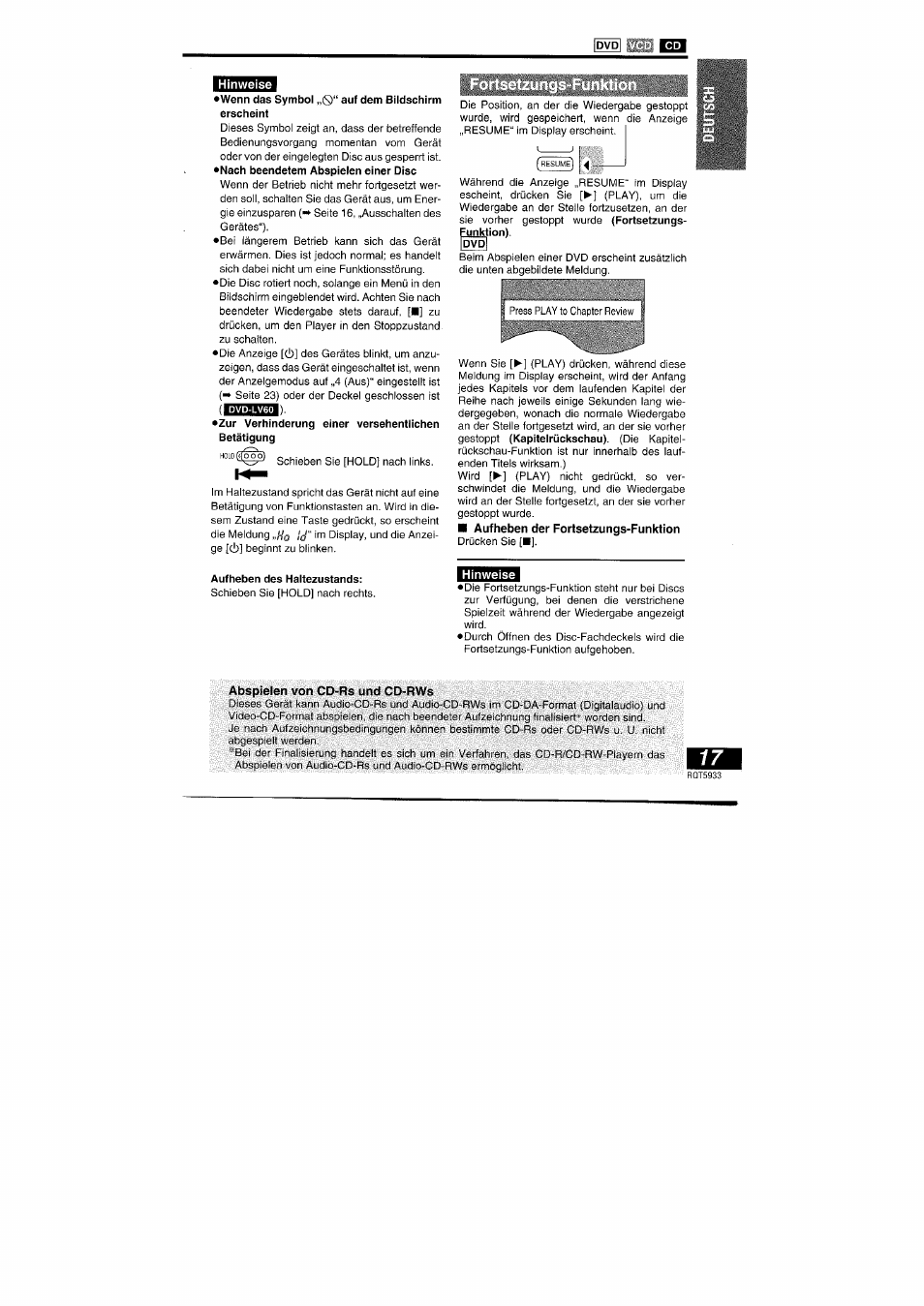 Fortsetzungs-funktion | Panasonic DVDPV40 User Manual | Page 17 / 86