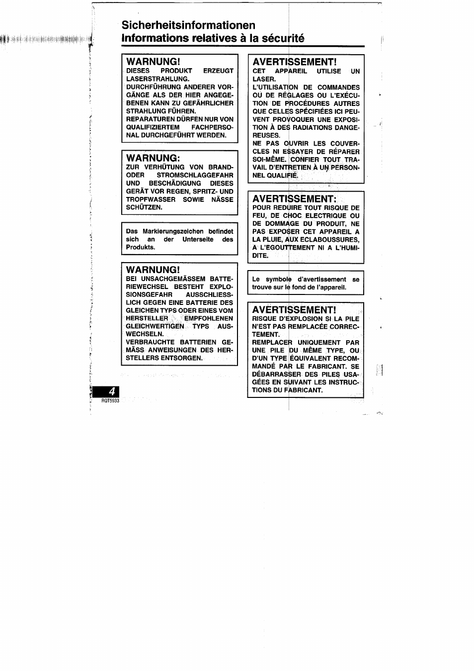 Avertissement, Sement, Warnung | Averti | Panasonic DVDPV40 User Manual | Page 2 / 86