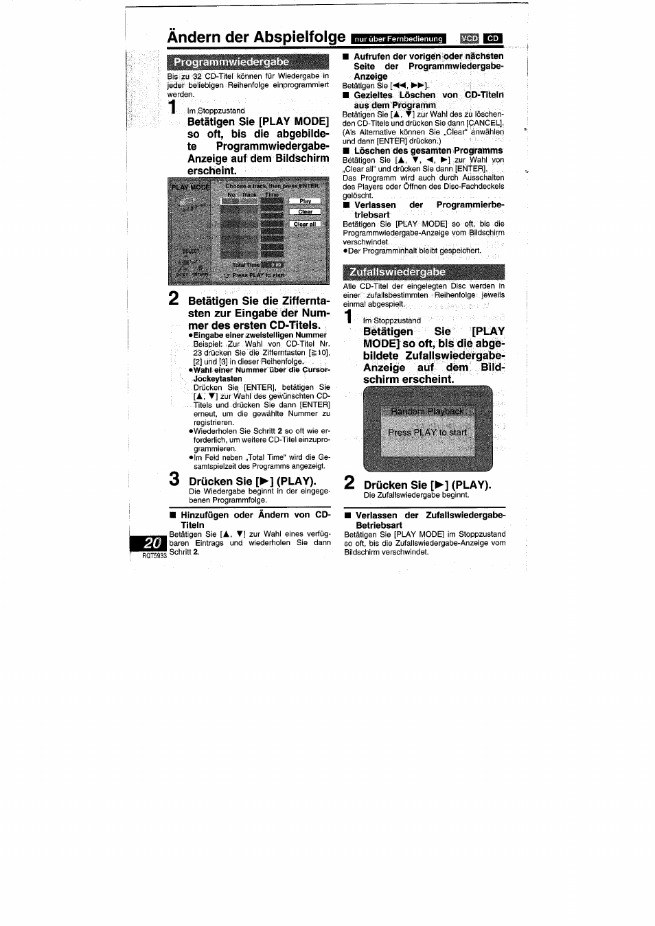 Ptugmmmv/iedetciabe, Ändern der abspielfolge | Panasonic DVDPV40 User Manual | Page 20 / 86