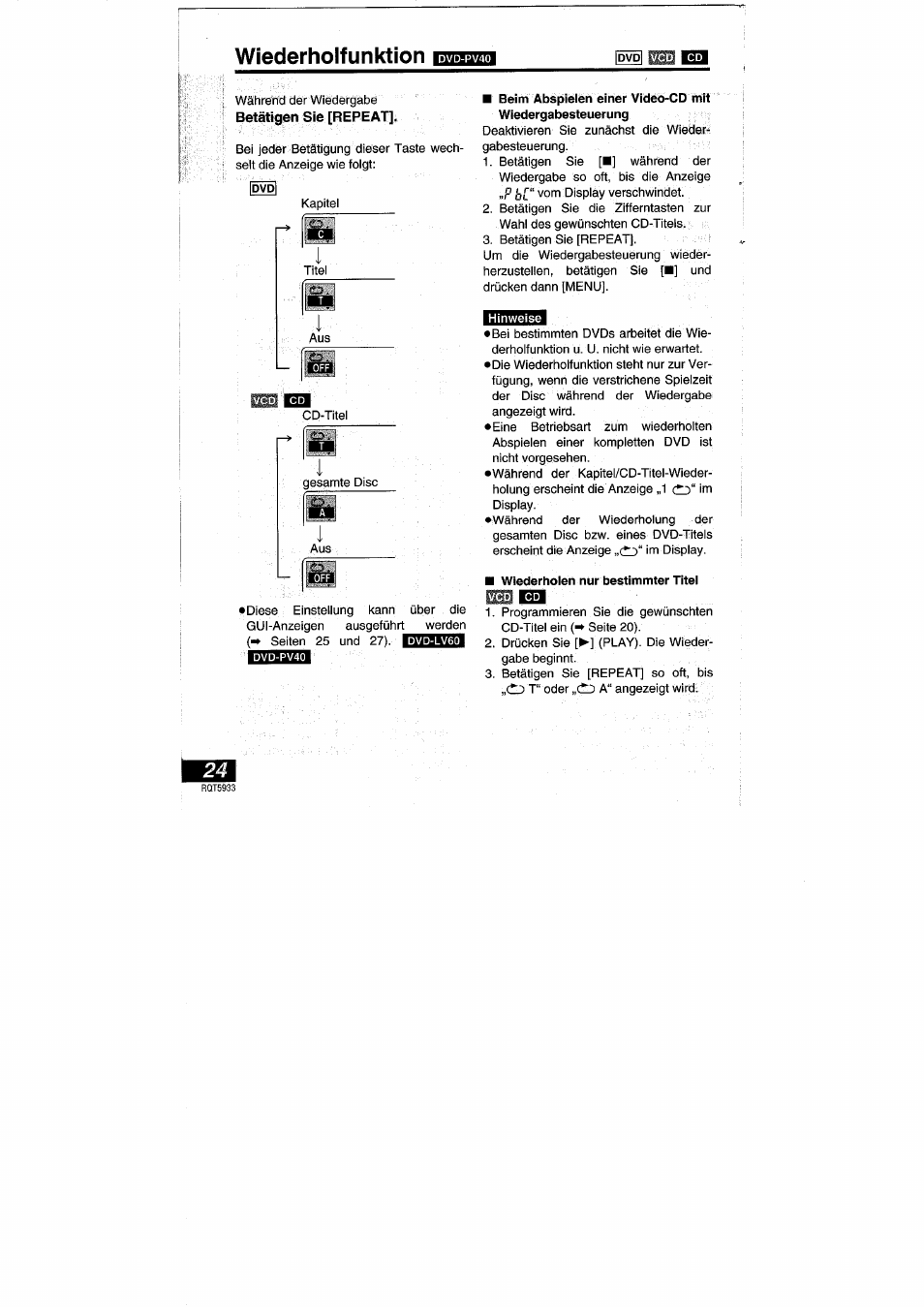 Wiederholfunktion | Panasonic DVDPV40 User Manual | Page 24 / 86