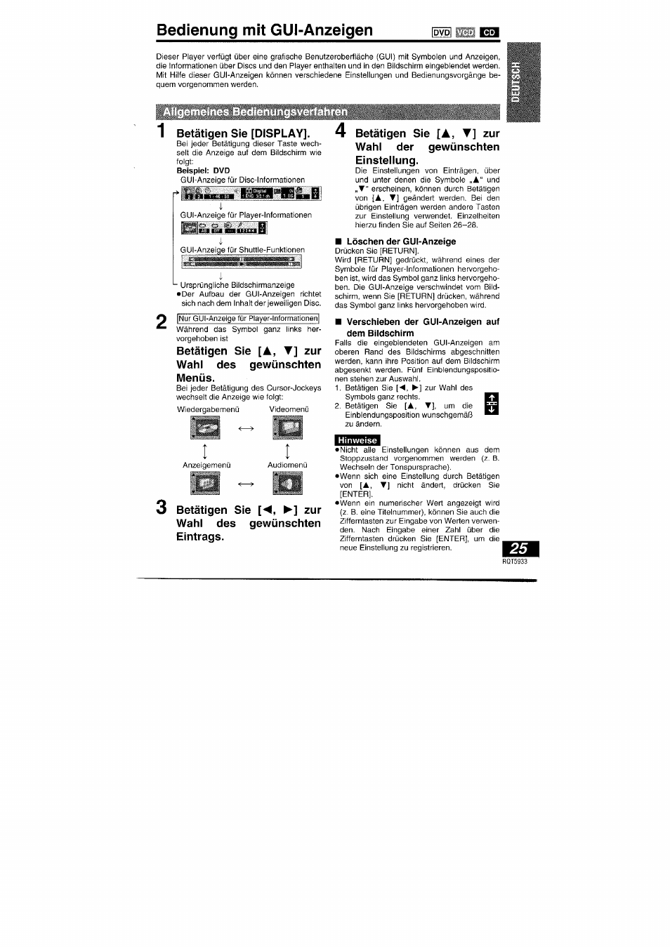 Bedienung mit gui-anzeigen, Betätigen sie [display, 3 betätigen sie zur | A, t | Panasonic DVDPV40 User Manual | Page 25 / 86