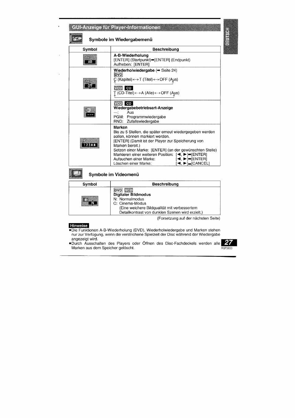 Symbole im wiedergabemenü, Symbole im videomenü | Panasonic DVDPV40 User Manual | Page 27 / 86