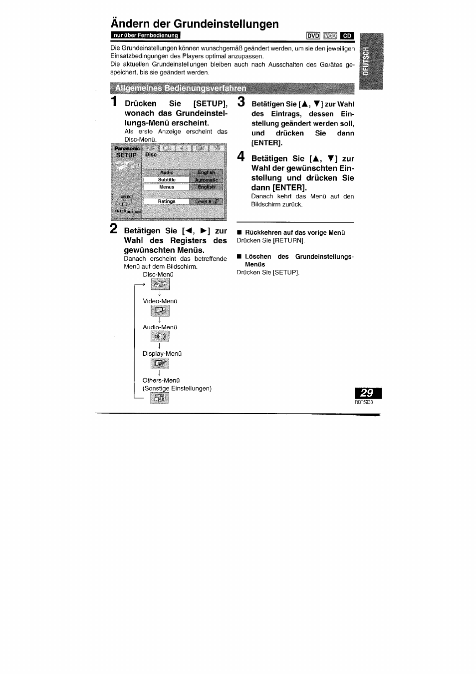 Ändern der grundeinstellungen, Allgem, Andern der grundeinstellungen | Panasonic DVDPV40 User Manual | Page 29 / 86