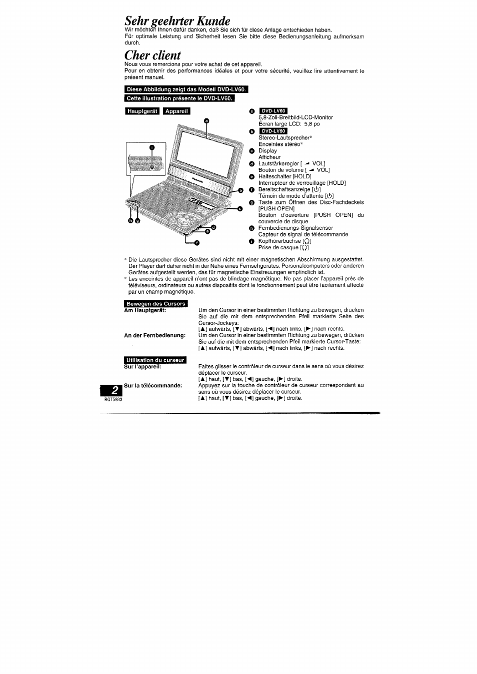 Sehr geehrter kunde, Cher dient | Panasonic DVDPV40 User Manual | Page 3 / 86