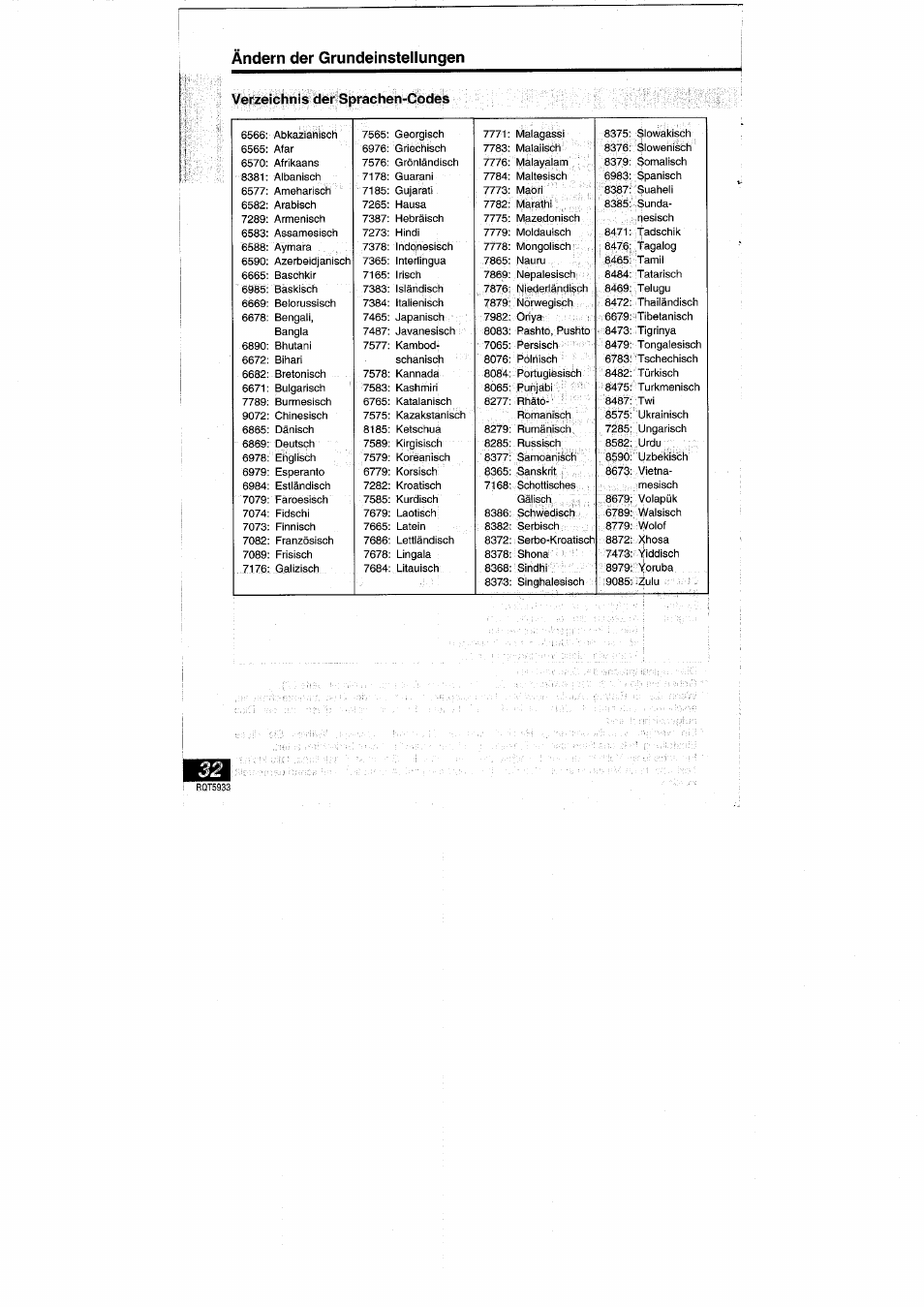 Verzeichnis der sprachen-codes, Ändern der grundeinstellungen | Panasonic DVDPV40 User Manual | Page 32 / 86