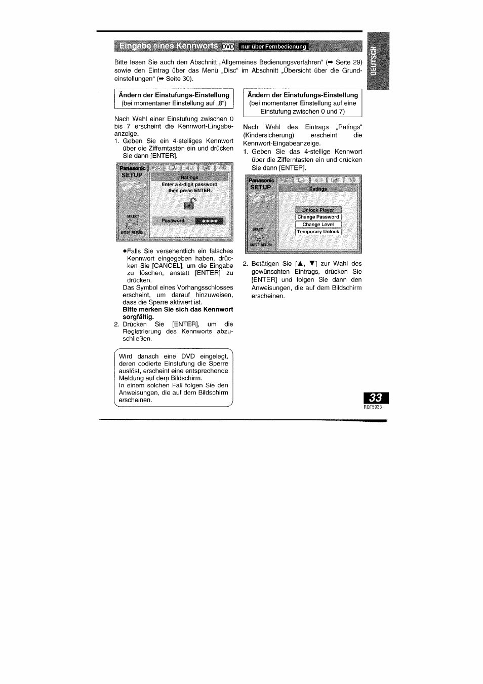 Eingabe eines kennworts i, Eingabe eines kennworts, A, t | Panasonic DVDPV40 User Manual | Page 33 / 86