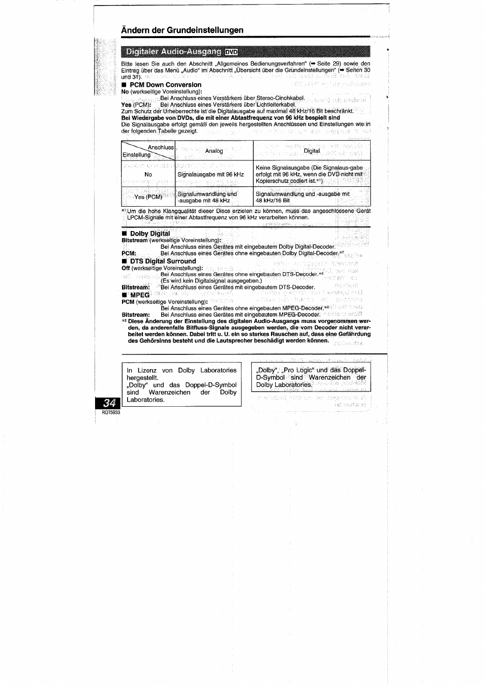 Mbmbmmbl, Ändern der grundeinstellungen, Pcm down conversion | Doiby digital, Dts digital surround, Mpeg | Panasonic DVDPV40 User Manual | Page 34 / 86