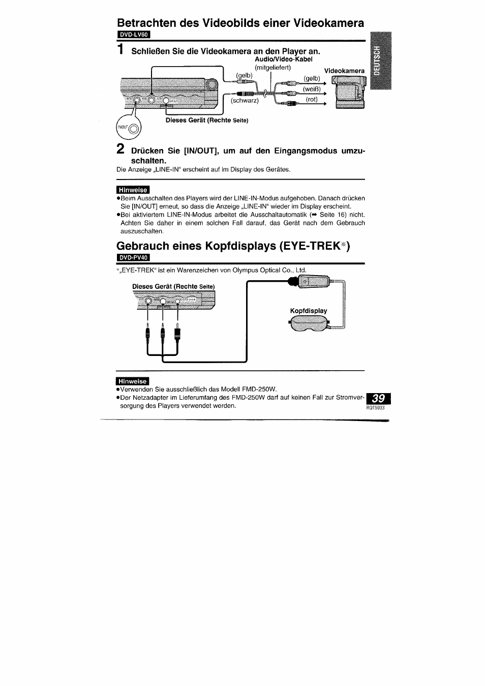 Betrachten des videobilds einer videokamera, 1 schließen sie die videokamera an den player an, Gebrauch eines kopfdisplays (eye-trek*) | Panasonic DVDPV40 User Manual | Page 39 / 86