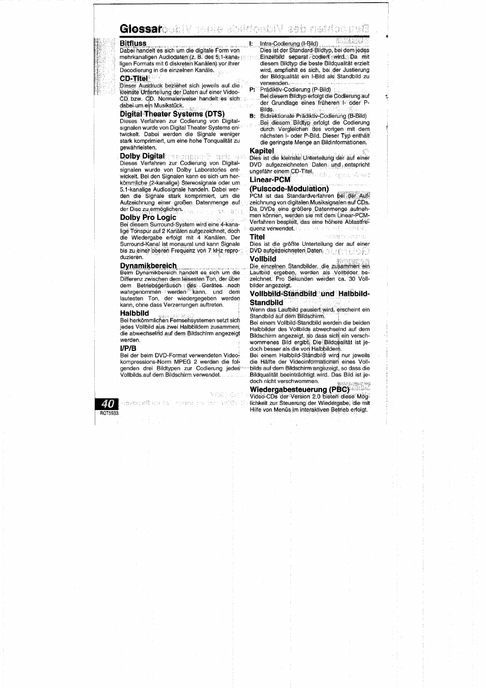 Bitfluss, Cd-titel, Digitar theater systems (dts) | Dolhy digital, Dolby pro logic, Dynamikbereich, Halbbild, I/p/b, Kapitel, Linear-pòm (pulscbde-modulätion) | Panasonic DVDPV40 User Manual | Page 40 / 86