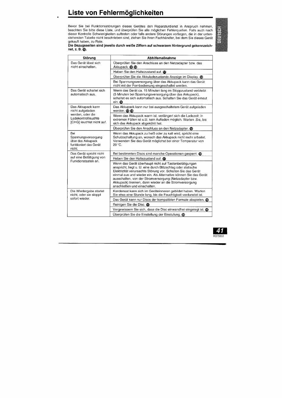 Liste von fehlermöglichkeiten | Panasonic DVDPV40 User Manual | Page 41 / 86