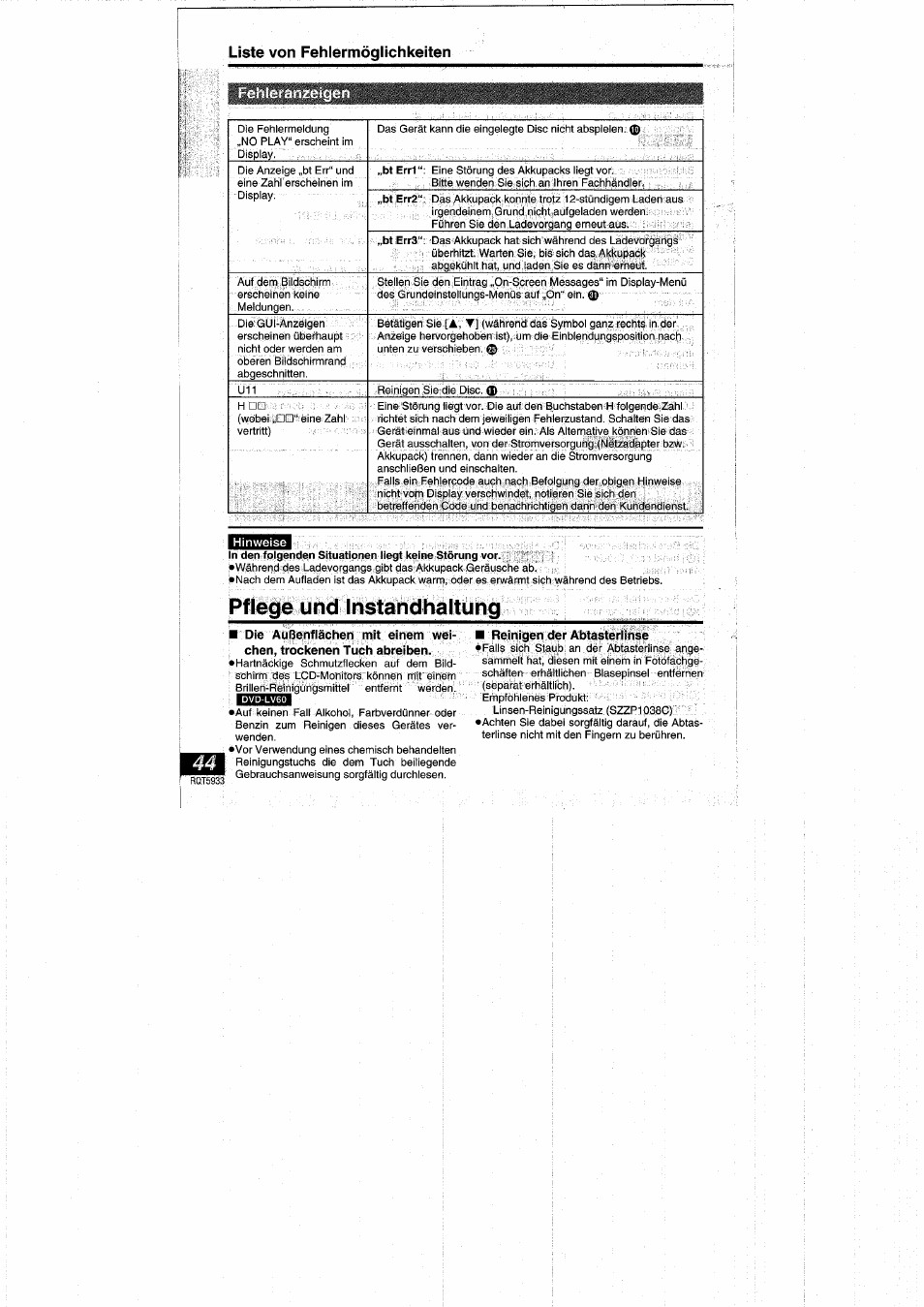 Feliieiciii^eigen, Pflege und instandhaltung, Liste von fehlermöglichkeiten | Reinigen der abtasterlinse | Panasonic DVDPV40 User Manual | Page 44 / 86