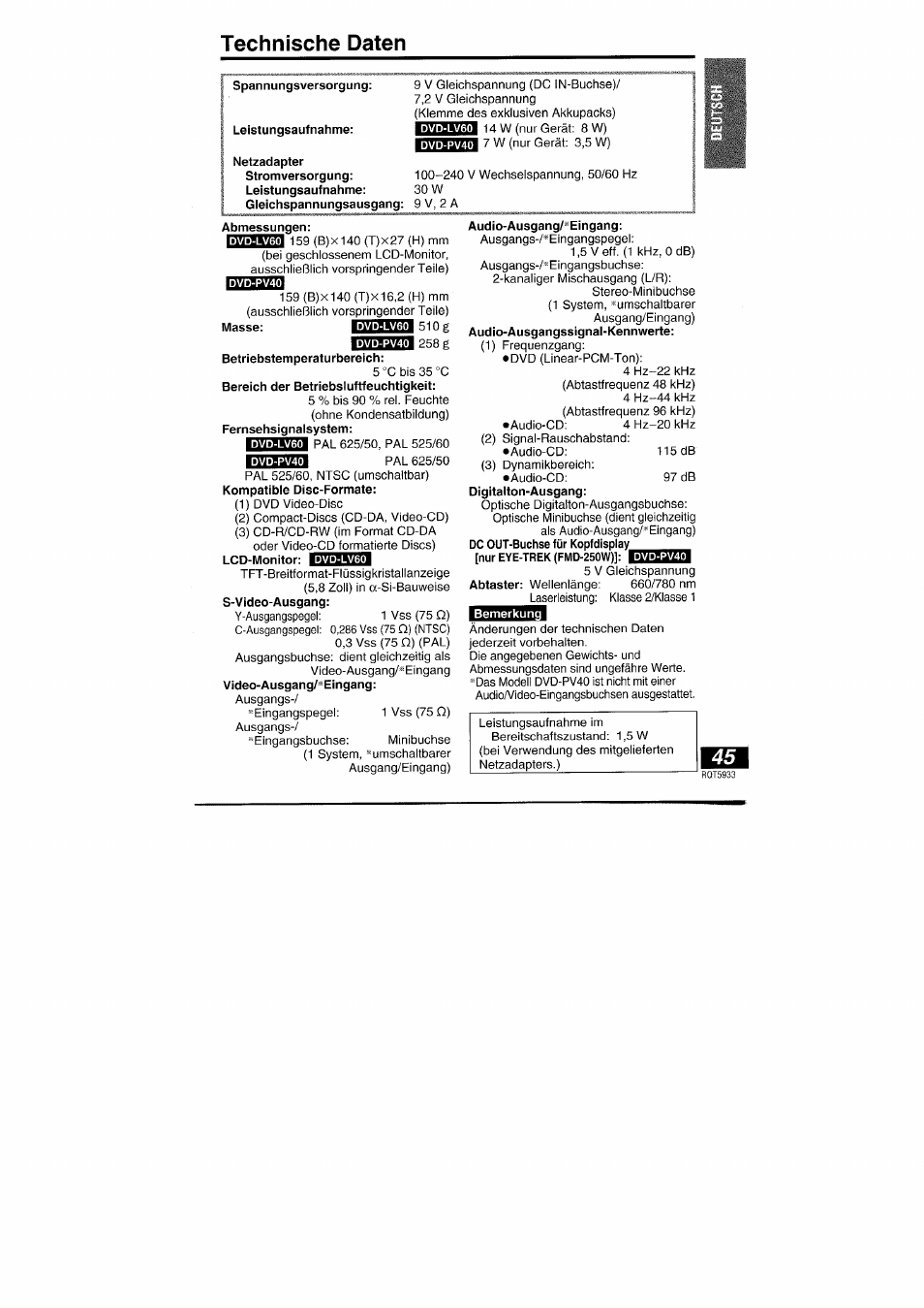 Technische daten | Panasonic DVDPV40 User Manual | Page 45 / 86