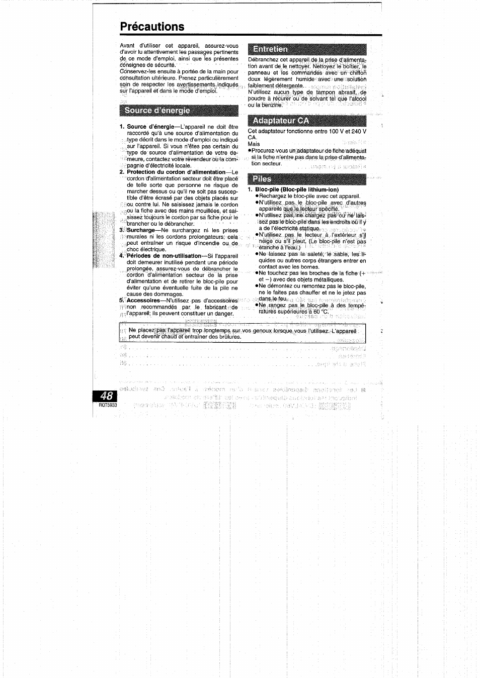 Précautions, Source d'énergie, Entretien | Adaptateur ca | Panasonic DVDPV40 User Manual | Page 48 / 86