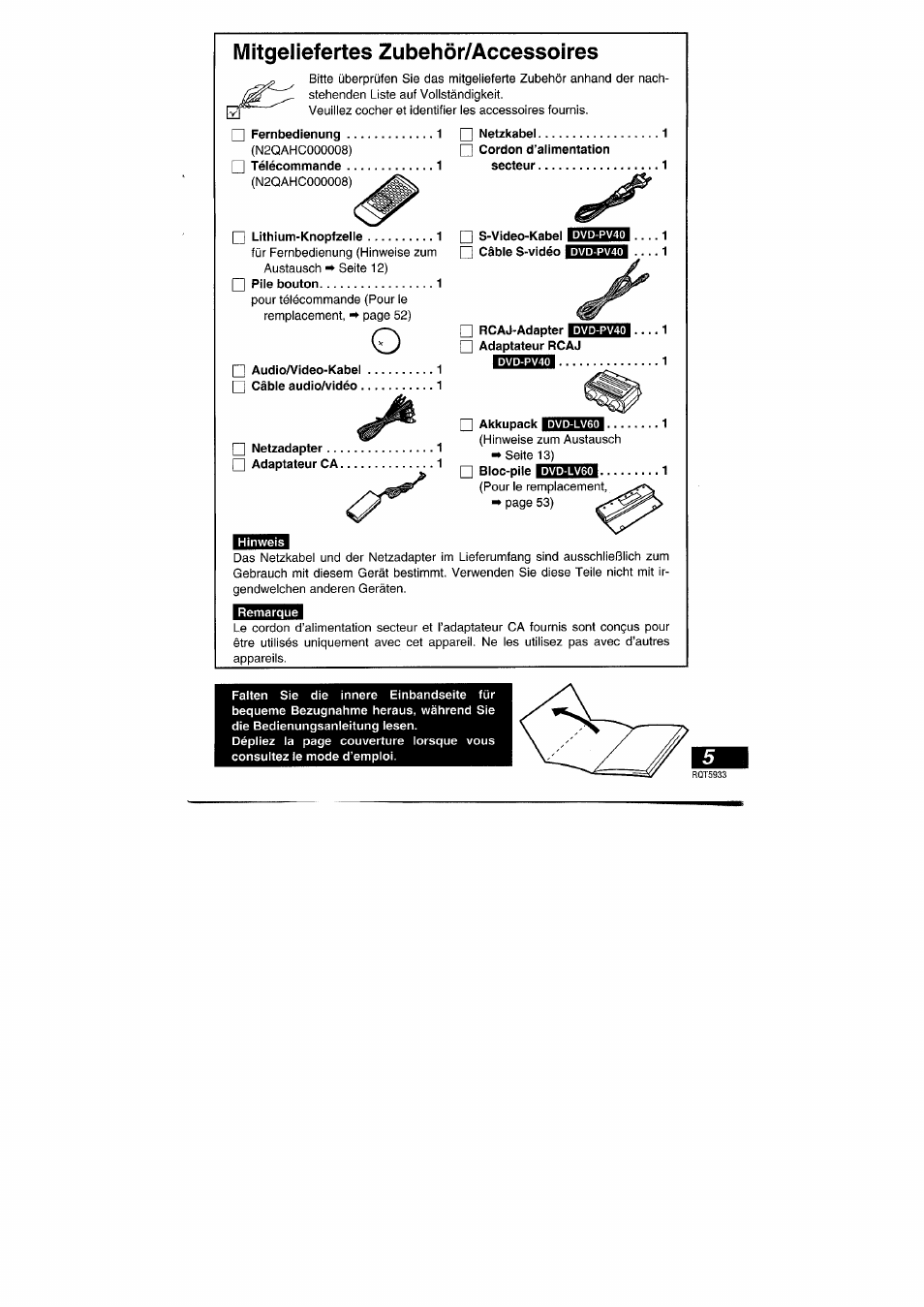 Mitgeliefertes zubehör/accessoires | Panasonic DVDPV40 User Manual | Page 5 / 86