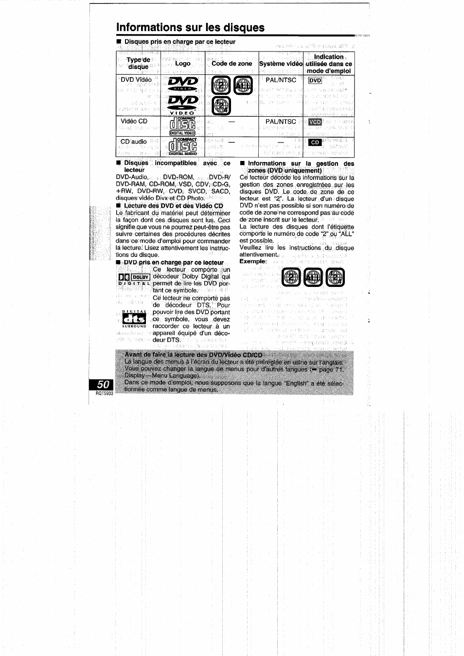 Informations sur les disques, Informations sur ies disques, Qosâ | Disques incompatibles avec ce lecteur, Lecture des dvd et des vidéo cd, Dvd pris en charge par ce lecteur, Avant de fane la lecture des dvd/video cd/cd | Panasonic DVDPV40 User Manual | Page 50 / 86