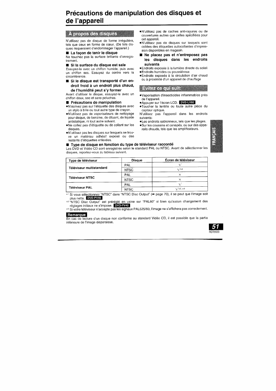 A propos des disques, Evitez cc qui suit | Panasonic DVDPV40 User Manual | Page 51 / 86