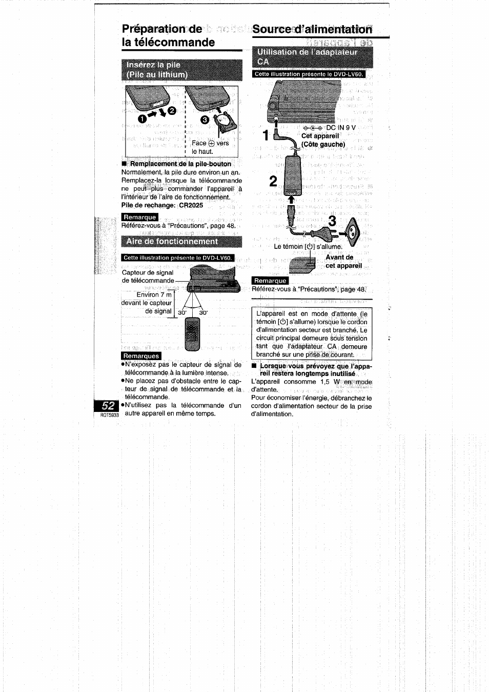 Préparation de la télécommande, Source d’alimentation, Aire de fonctionnement | Panasonic DVDPV40 User Manual | Page 52 / 86