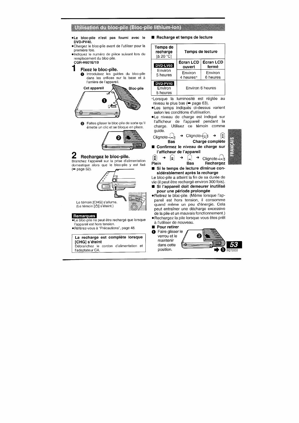 Rechargez le bloc-pile, Fixez le bloc-pile | Panasonic DVDPV40 User Manual | Page 53 / 86