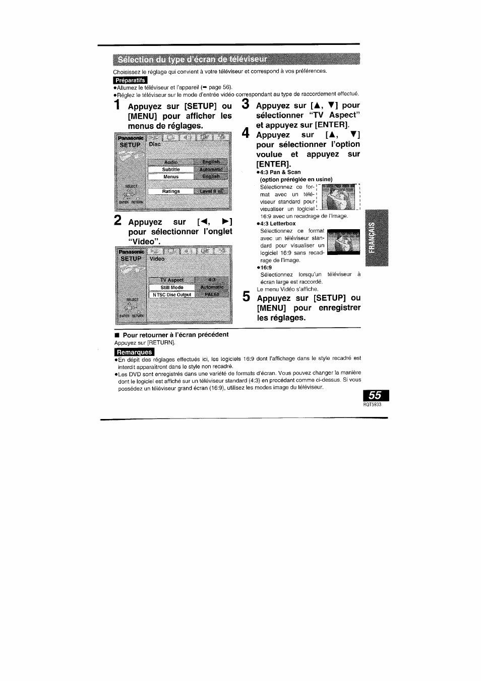 2 appuyez sur [-^j, 3 appuyez sur [à, t] pour sélectionner “tv aspect, À , t | A , t | Panasonic DVDPV40 User Manual | Page 55 / 86