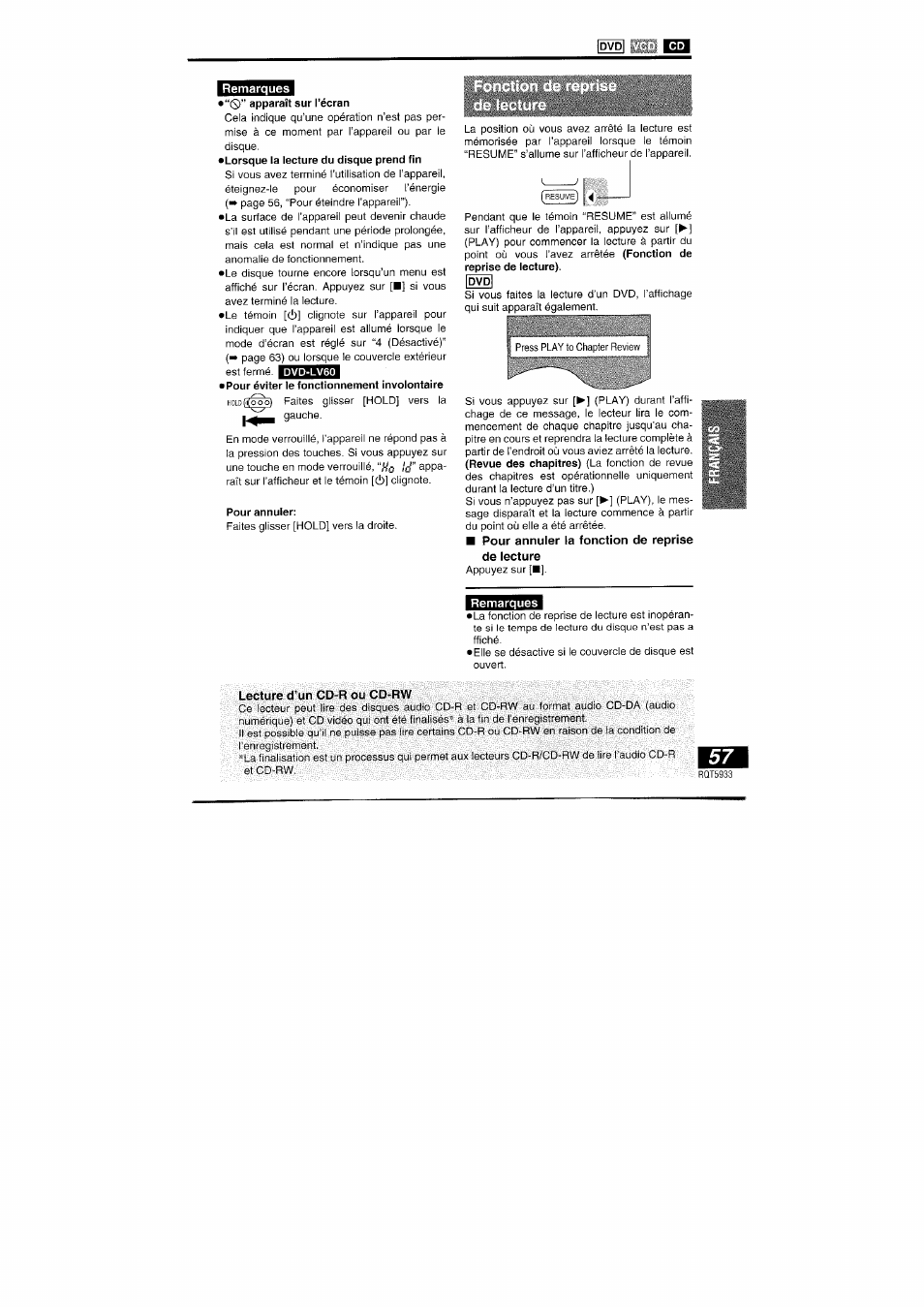 Pour, Reprise de lecture, Lecture d’un cd-r ou cd-rw | Remarques | Panasonic DVDPV40 User Manual | Page 57 / 86