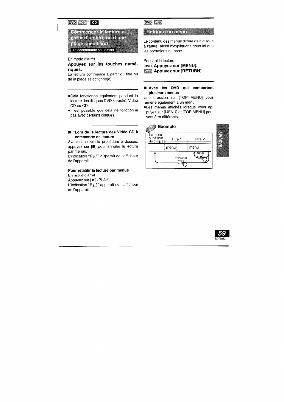 Appuyez sur les touches numé­ riques, Appuyez sur [menu]. appuyez sur [return, Avec les dvd qui comportent plusieurs menus | Pour rétablir la lecture par menus | Panasonic DVDPV40 User Manual | Page 59 / 86