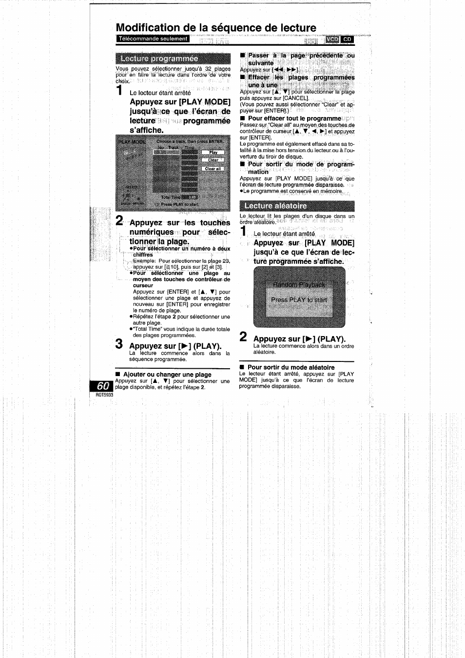 Modification de la séquence de lecture, Lecture aléatoire, Appuyez sur [^] (play) | Ajouter ou changer une plage, Passer à la page précédente ou suivante, Effacer les plages programmées une à une, Pour effacer tout le programme, Pour sortir du mode de program­ mation, Z appuyez sur [►] (play), Pour sortir du mode aléatoire | Panasonic DVDPV40 User Manual | Page 60 / 86