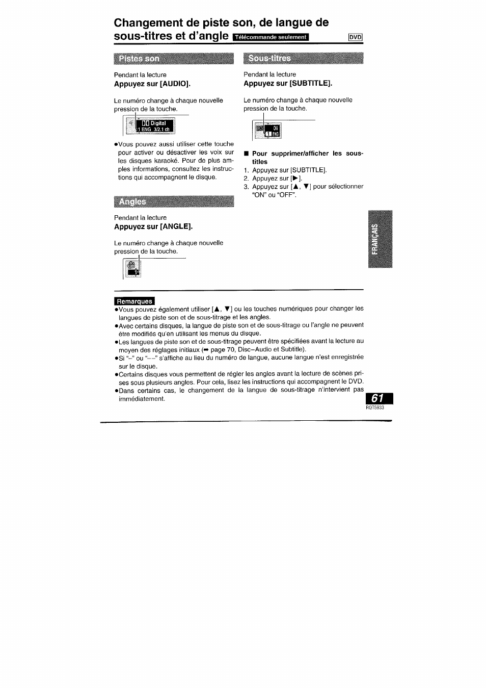 Appuyez sur [audio, Appuyez sur [subtitle, Appuyez sur [angle | Panasonic DVDPV40 User Manual | Page 61 / 86