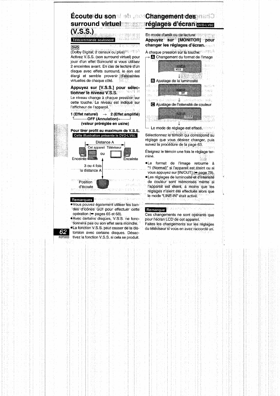 Écoute du son surround virtuel (v.s.s.), Changement des réglages d’écran i, Changement des réglages d^écran nwtju’i.iil | Panasonic DVDPV40 User Manual | Page 62 / 86