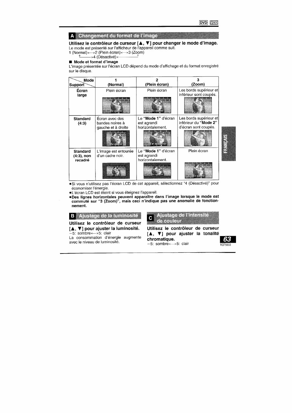 A ch, B ajustage de la luminosité, Ajustage de la luminosité | Panasonic DVDPV40 User Manual | Page 63 / 86