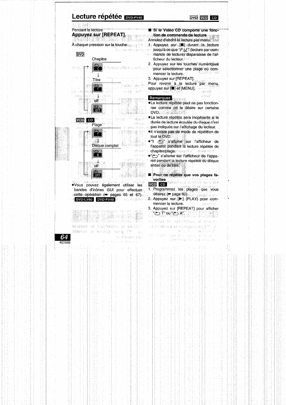 Lecture répétée, Appuyez sur [repeat, Pour ne répéter que vos plages fa­ vorites | Panasonic DVDPV40 User Manual | Page 64 / 86