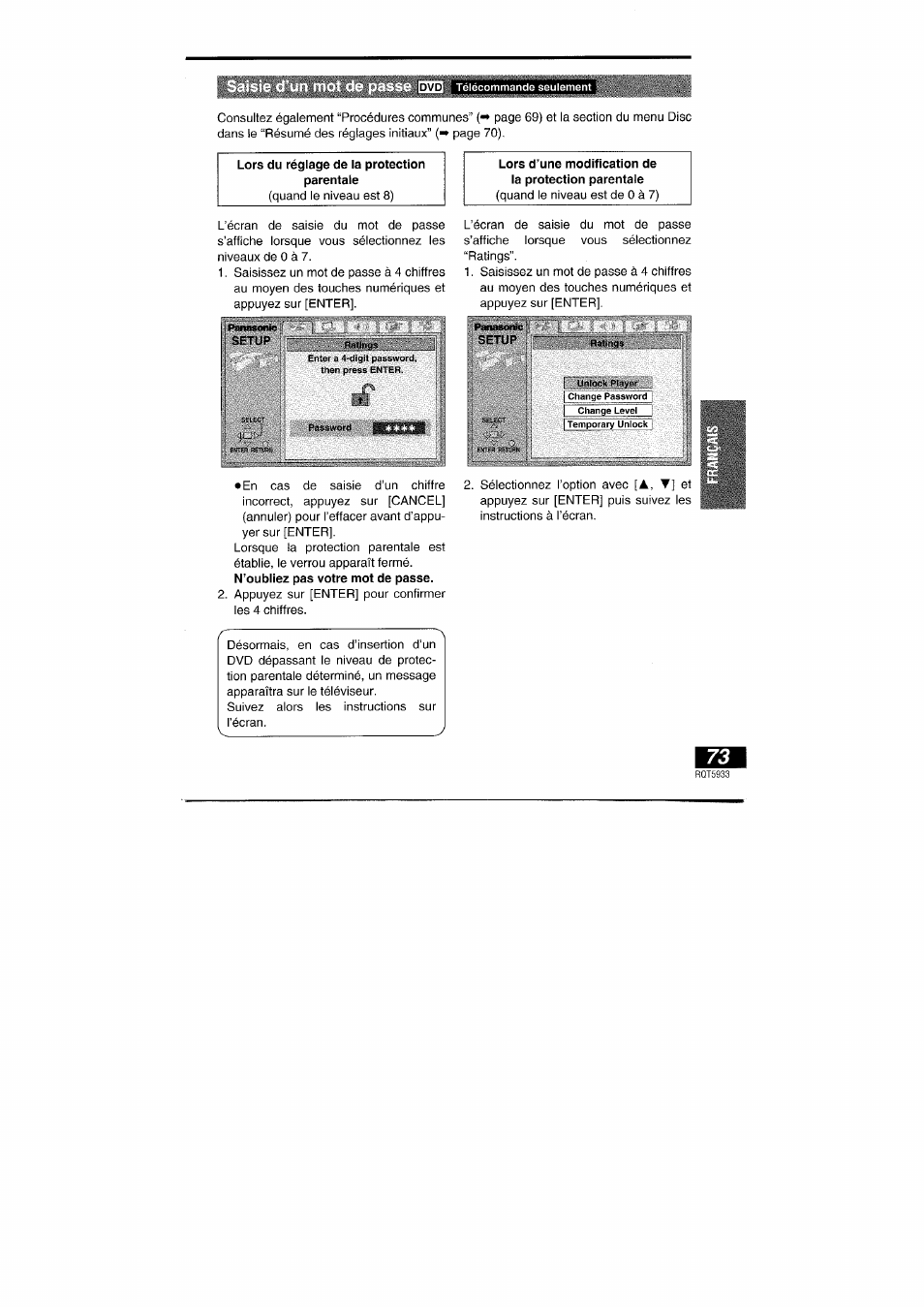 Wtwtwff, Saisie d'un mot de passe [ìng, Setup | N’oubliez pas votre mot de passe | Panasonic DVDPV40 User Manual | Page 73 / 86