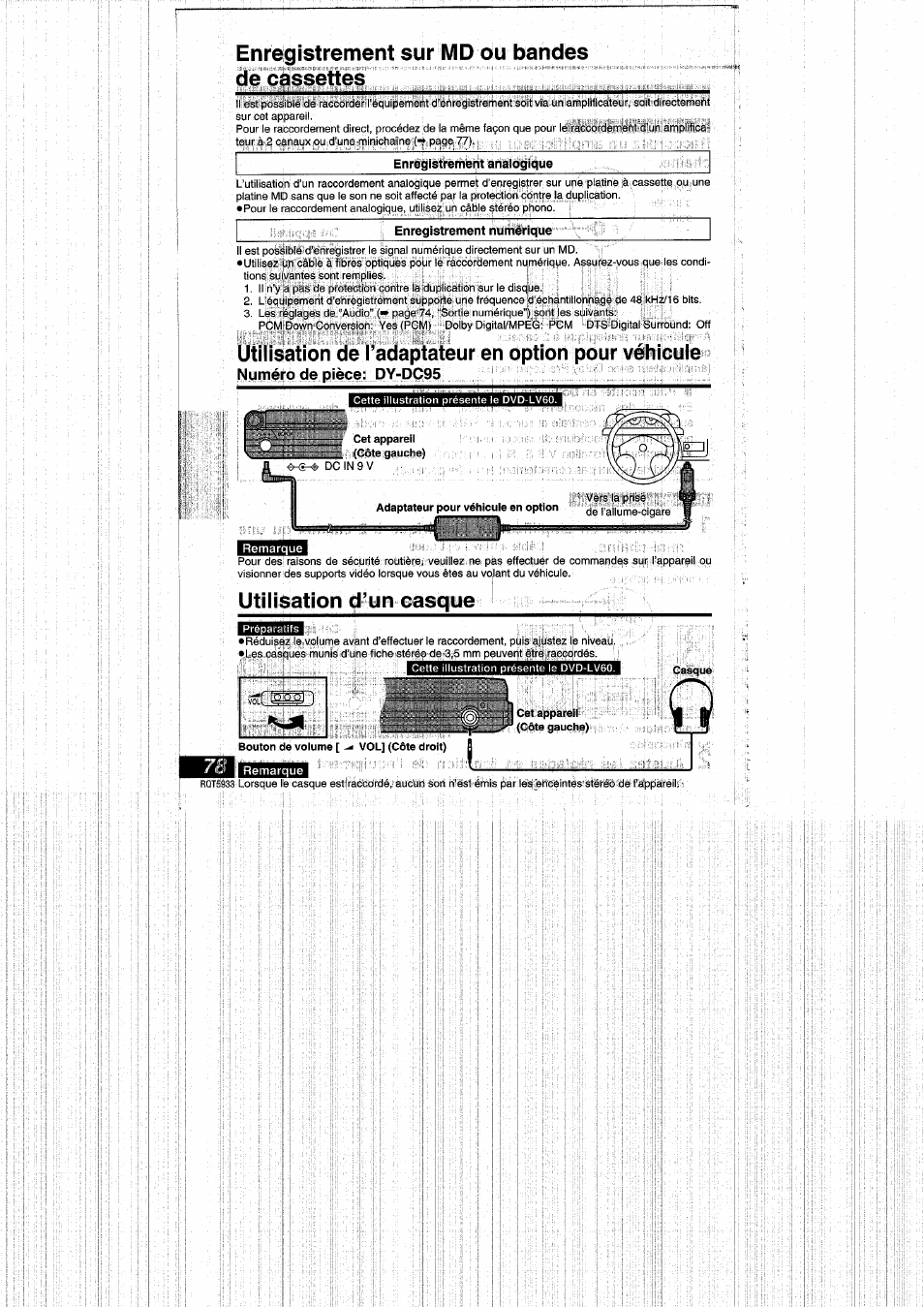 Enregistrement sur md ou bandes de cassettes, Numéro de pièce: dy-dc95, Utilisation d’un casque | I i i i | Panasonic DVDPV40 User Manual | Page 78 / 86