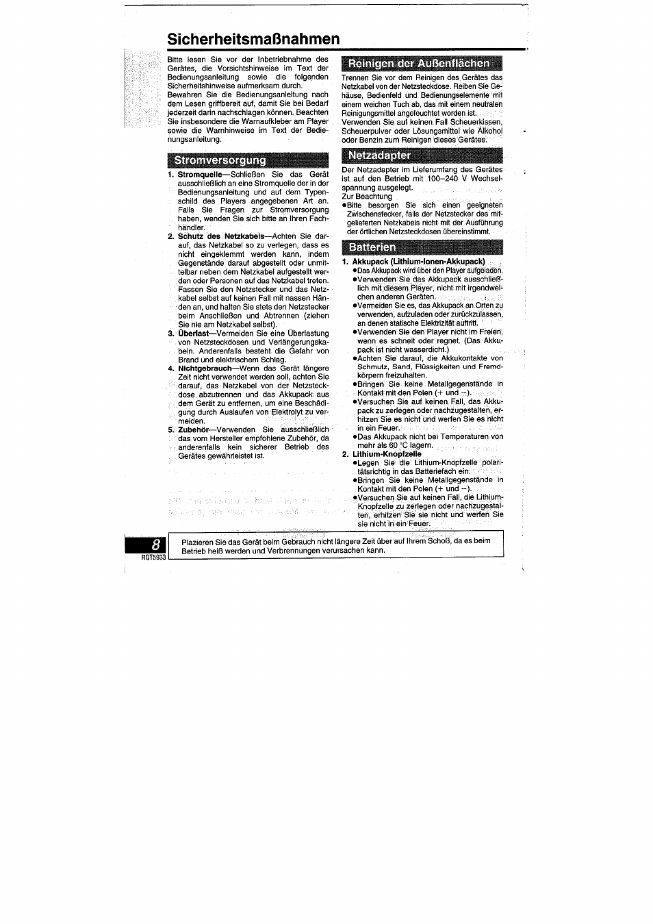 Sicherheitsmaßnahmen, Reinigen der außenflächen, Batterien | Stromversorgung, Netzadapter | Panasonic DVDPV40 User Manual | Page 8 / 86