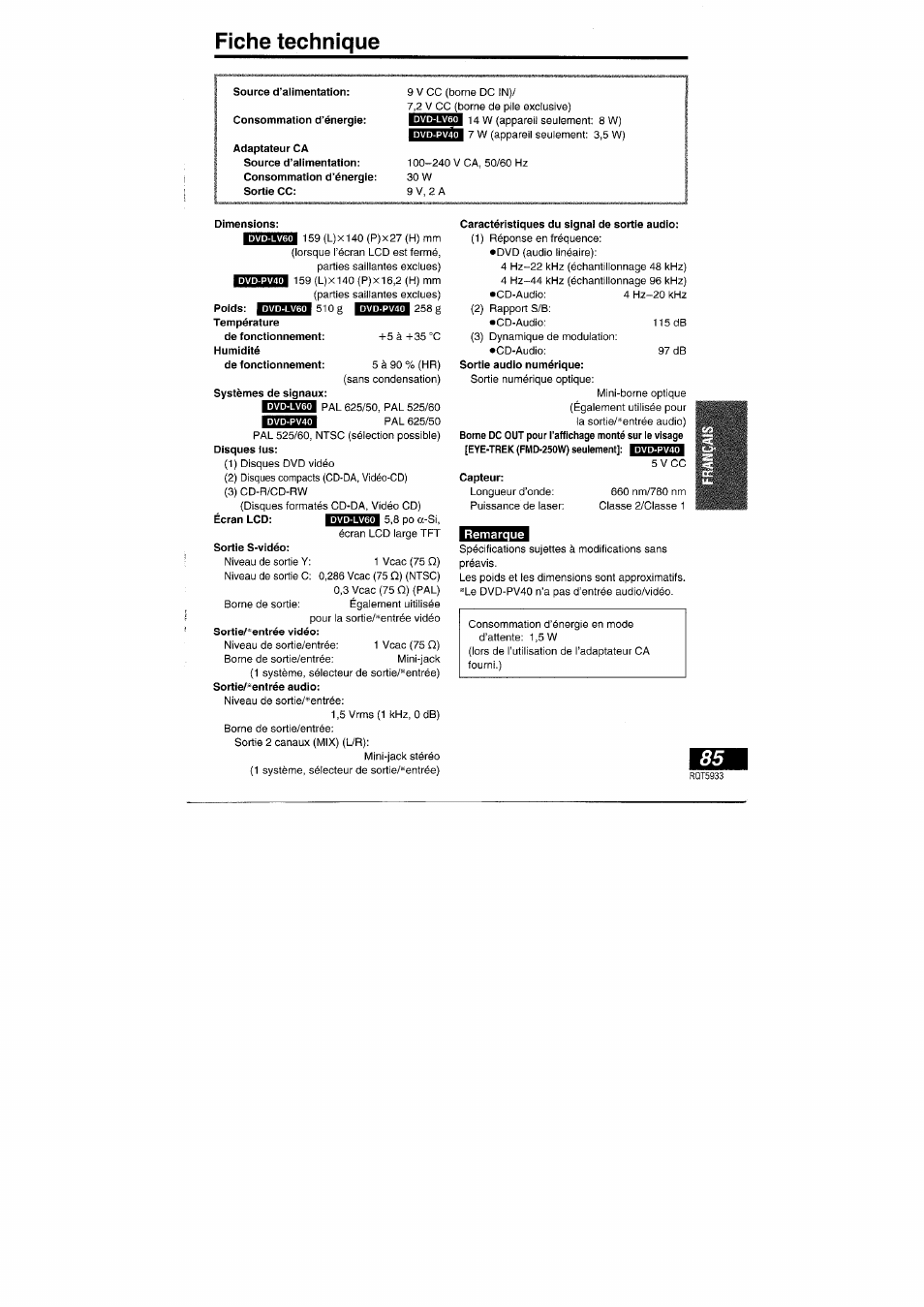 Fiche technique | Panasonic DVDPV40 User Manual | Page 85 / 86