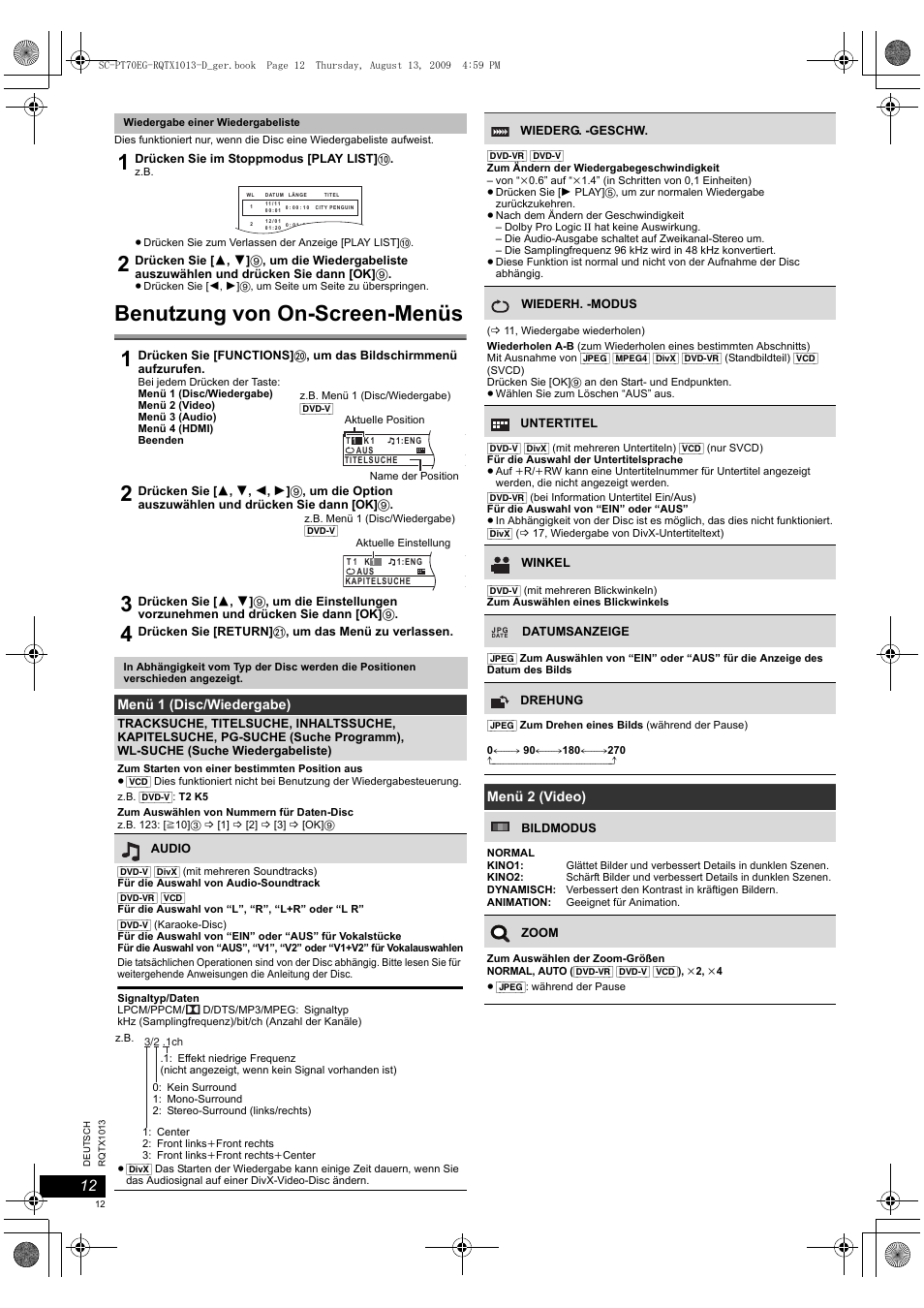 Benutzung von on-screen-menüs | Panasonic SCPT70 User Manual | Page 12 / 62