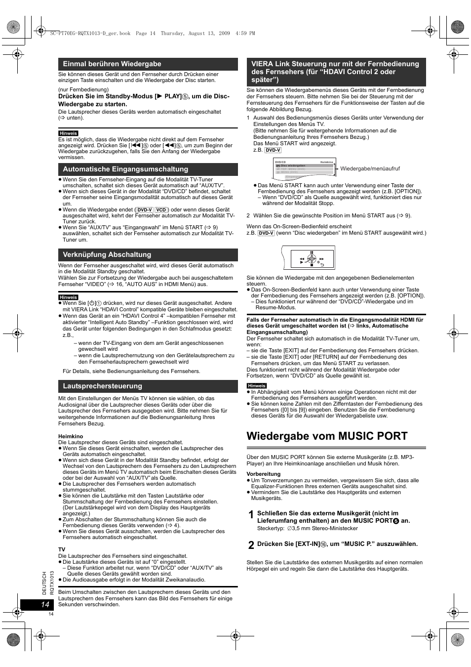 Wiedergabe vom music port | Panasonic SCPT70 User Manual | Page 14 / 62