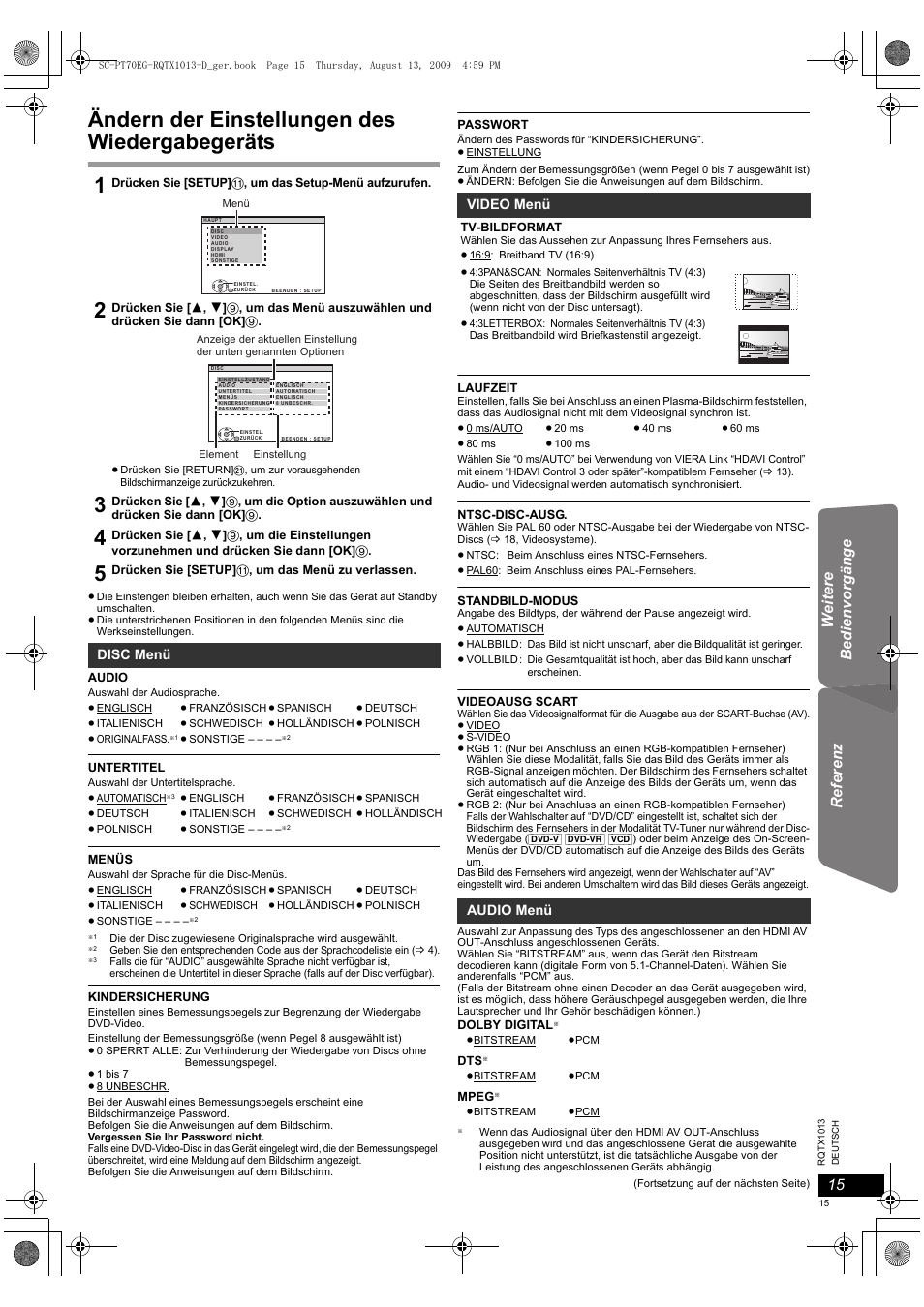 Ändern der einstellungen des wiedergabegeräts, Getting s tarted playing discs referenz, We it er e bed ie n vor g äng e | Panasonic SCPT70 User Manual | Page 15 / 62