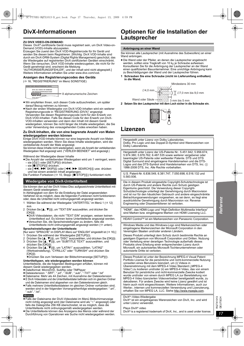 Divx-informationen, Optionen für die installation der lautsprecher, Lizenzen | Panasonic SCPT70 User Manual | Page 17 / 62