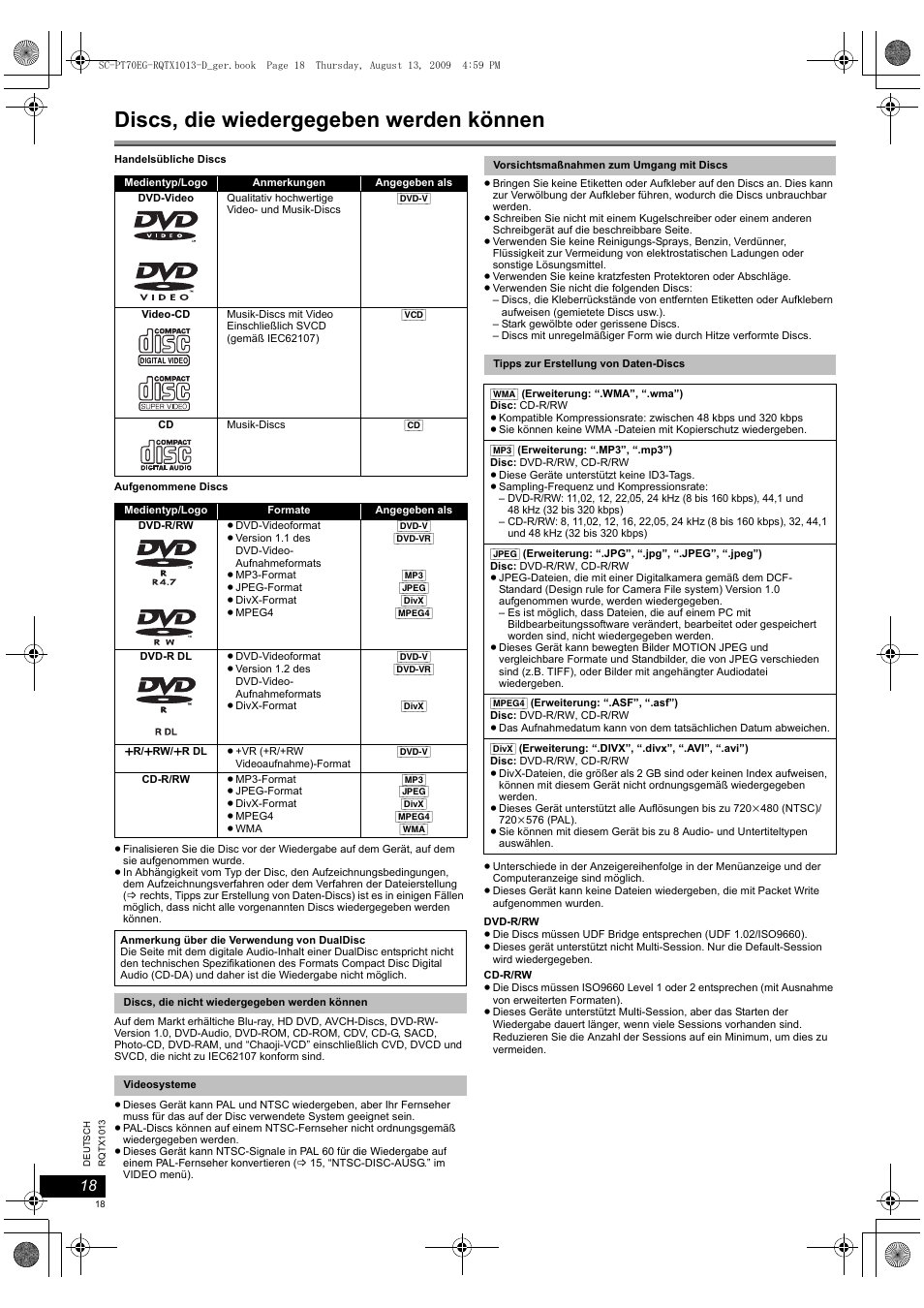 Discs, die wiedergegeben werden können | Panasonic SCPT70 User Manual | Page 18 / 62