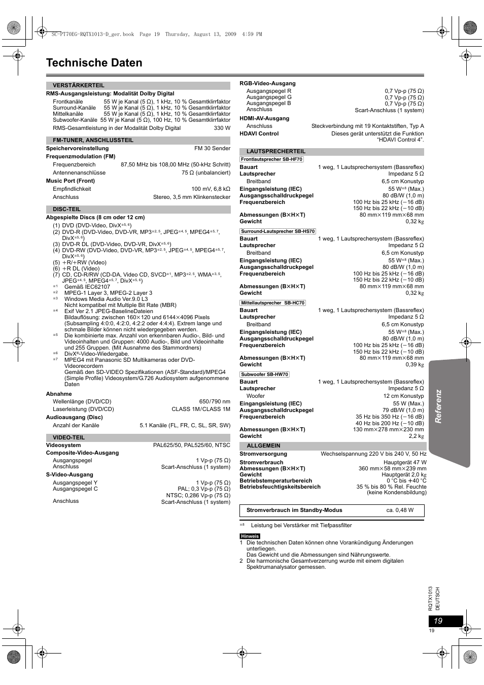 Technische daten | Panasonic SCPT70 User Manual | Page 19 / 62