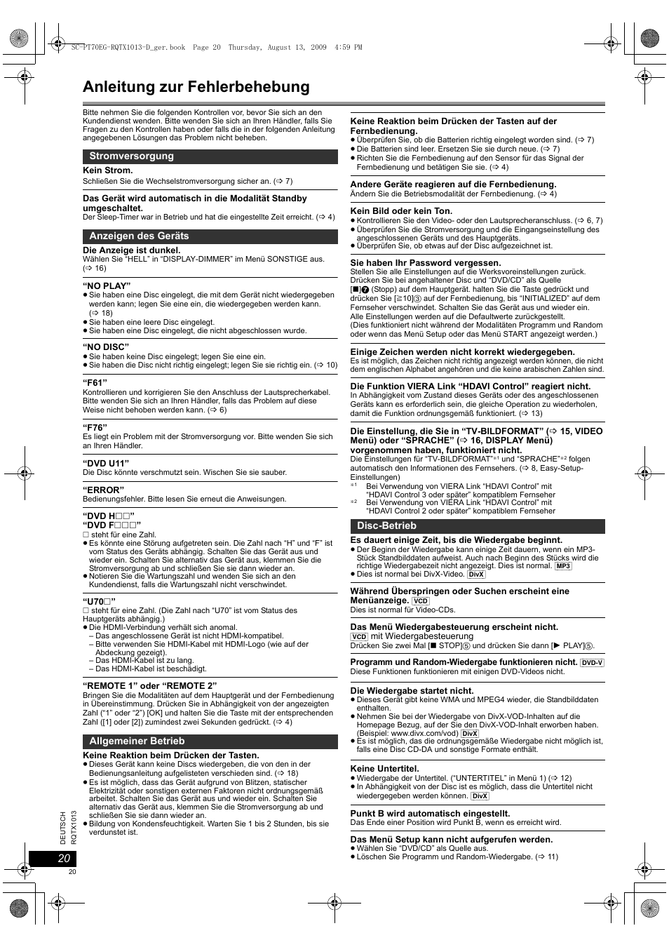 Anleitung zur fehlerbehebung | Panasonic SCPT70 User Manual | Page 20 / 62