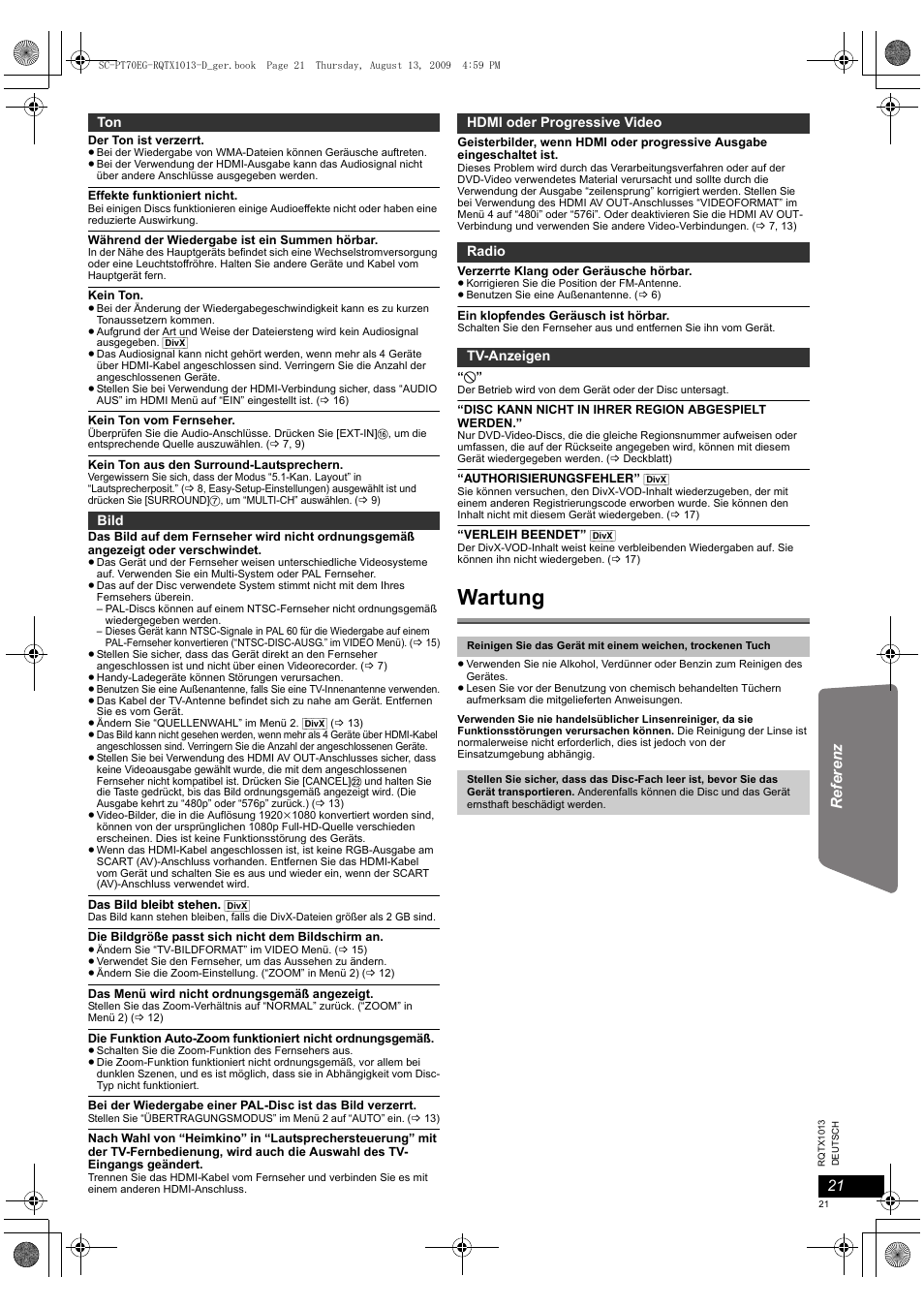Wartung | Panasonic SCPT70 User Manual | Page 21 / 62