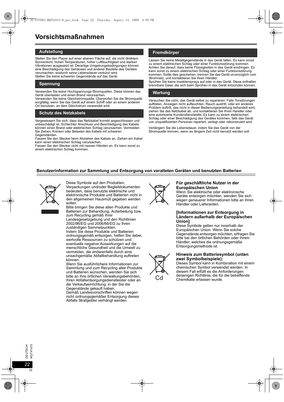 Vorsichtsmaßnahmen | Panasonic SCPT70 User Manual | Page 22 / 62