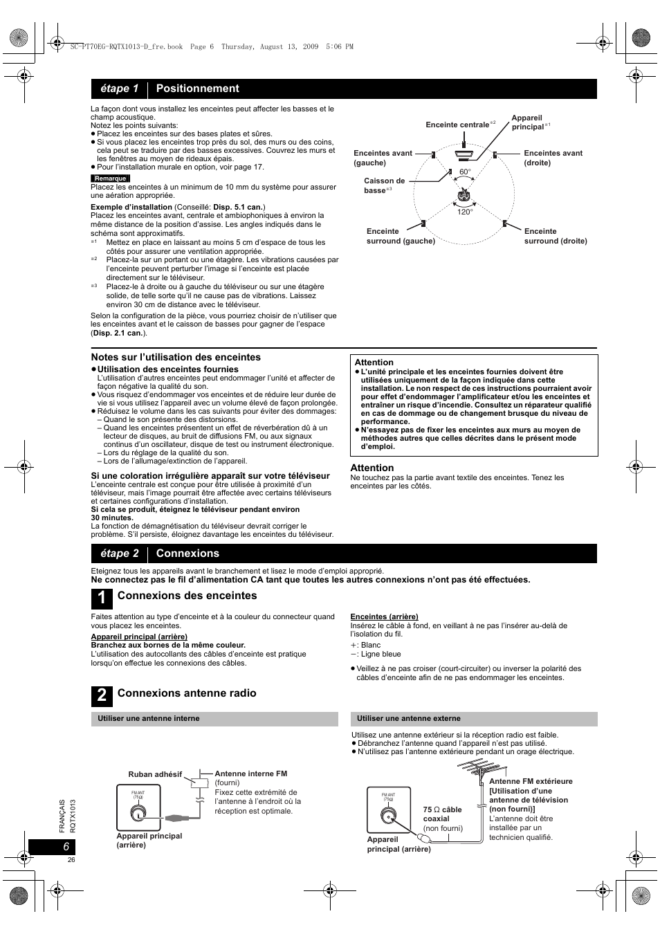 Étape 1 positionnement, Étape 2 connexions, Connexions des enceintes | Connexions antenne radio | Panasonic SCPT70 User Manual | Page 26 / 62