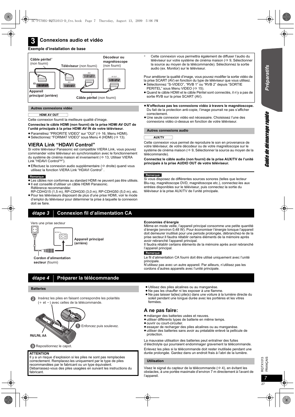Gu ide de démarrag e rap ide, Prépa rat ifs, Viera link “hdavi control | A ne pas faire, Connexions audio et vidéo, Étape 3 connexion fil d’alimentation ca, Étape 4 préparer la télécommande | Panasonic SCPT70 User Manual | Page 27 / 62