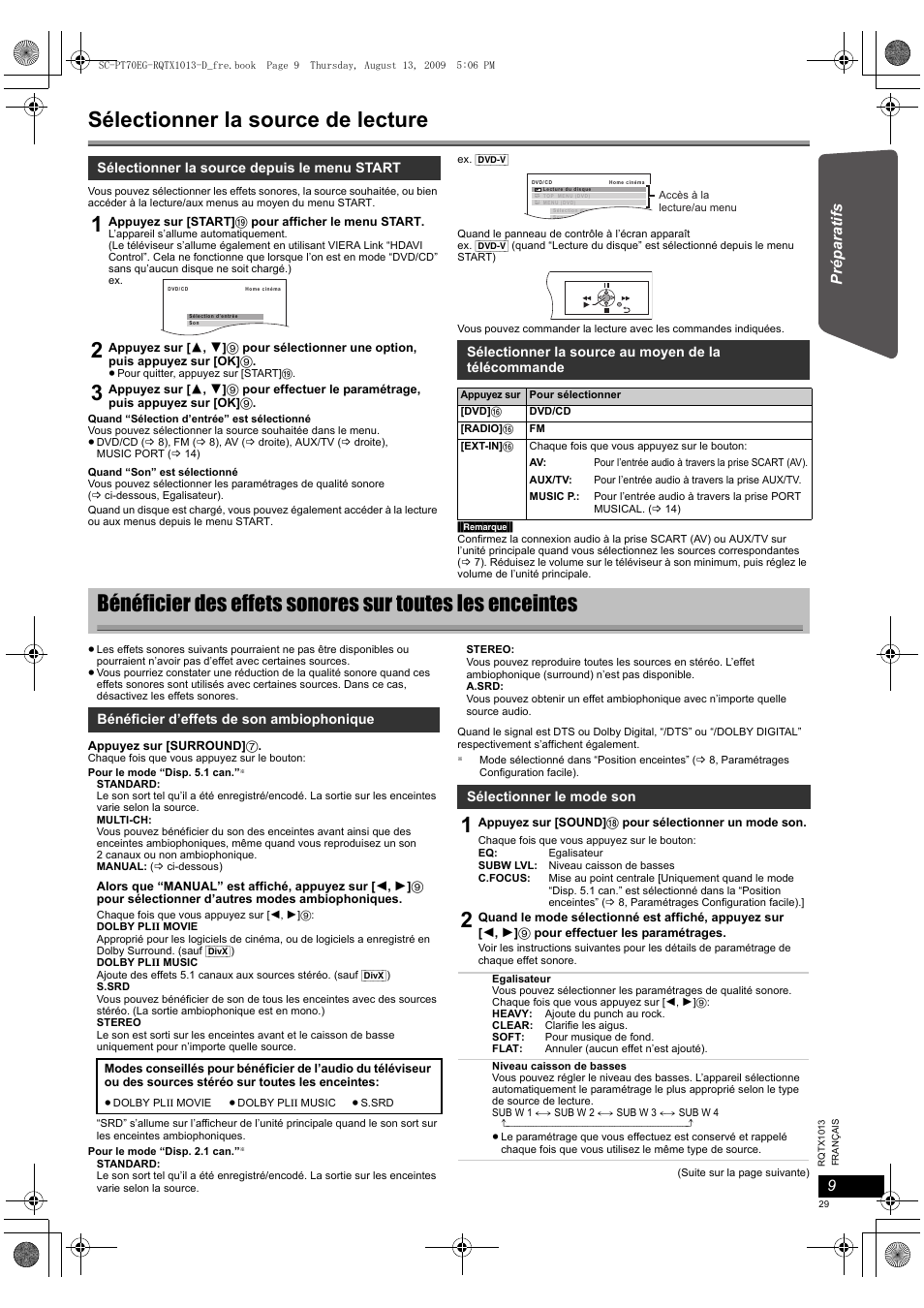 Sélectionner la source de lecture | Panasonic SCPT70 User Manual | Page 29 / 62